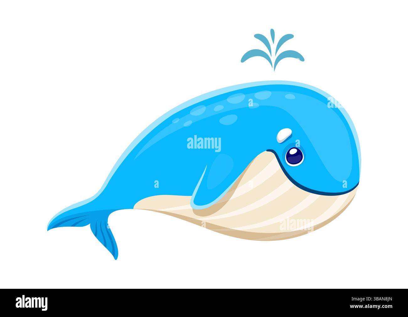 Zeichentrickfigur mit blauem Wal und lächelndem Gesicht und Wasserspritzer. Isolierte Vektoren Meerestiere. Niedliche Meeresbewohner mit glattem Körper und ausdrucksstarken Augen. Sea cachalot freundliches Wasserpersonal Stock Vektor
