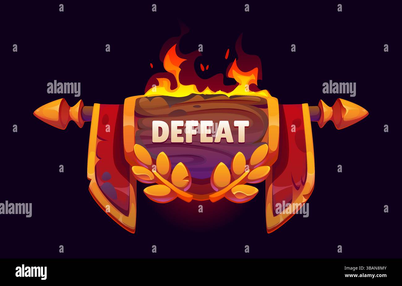 Besiege Spielrahmen-Symbol-ui-Element. Cartoon Vektor Holzschild mit fetten Niederlage Text auf brennender Planke dekoriert mit roten Fahnen und Lorbeerblättern. GUI-Element für Fantasy-Oberfläche oder Level-Endbildschirm Stock Vektor