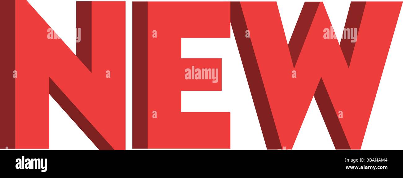 NEUE 3D-Textgrafik in Rot für Werbezwecke. Fettgedruckte Schrift ideal für Banner, Anzeigen, Websites, Marketingmaterialien und Einzelhandelskampagnen. Stock Vektor