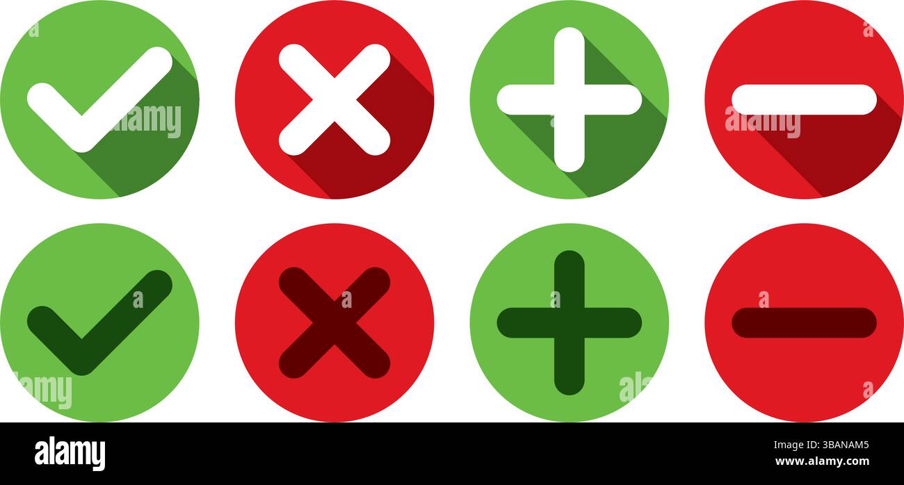 Entdecken Sie diese einfachen und einfachen flachen Symbole mit Check-, Cross-, Plus- und Minus-Symbolen, die sich perfekt für Webdesign, Benutzeroberflächen und mobile A eignen Stock Vektor