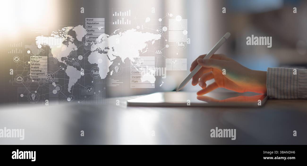 Globale Geschäftsstrategie und Visualisierung von Datenanalysen. Stockfoto