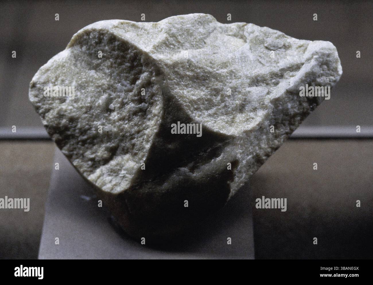 Prähistorische Handaxt des Tautavel-Mannes. Sie wurde in der Höhle von Arago (La Caune de l’Arago) in Tautavel, Frankreich, gefunden. Das Untere Paläolithikum. Tautavel Museum der Vorgeschichte. Frankreich. Stockfoto