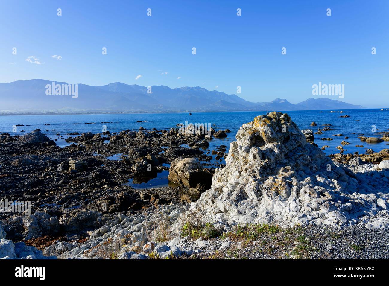 Trübe Sommerabende am Kaikoura Strand bei Ebbe. Stockfoto