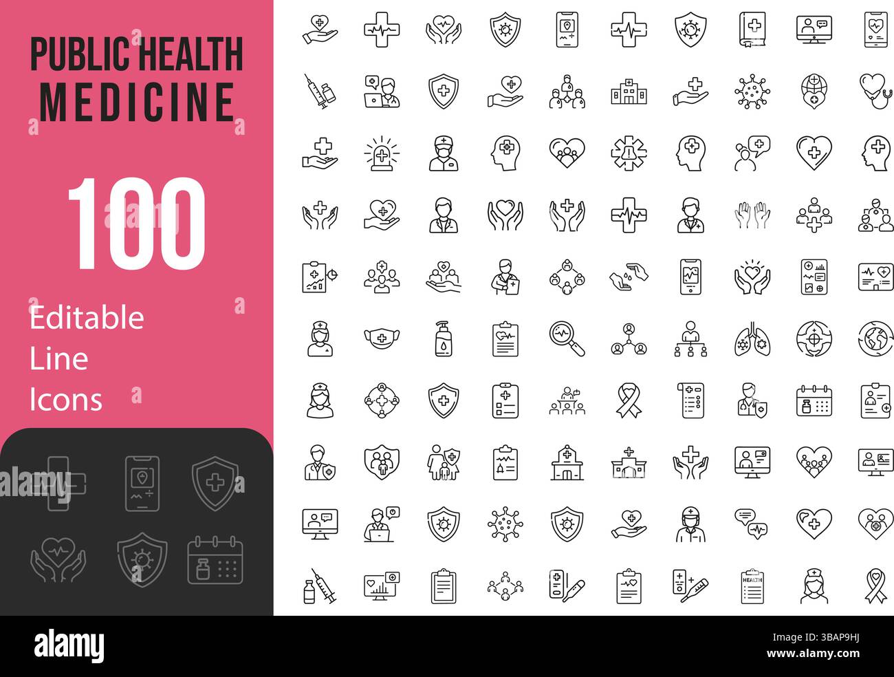 Sammlung Von Modernen Dünnen Linien Stil Icons Set Von Public Health Medizin Verwandte Hygiene, Pflege, Versicherung Und Mehr Vektor-Illustration Stock Vektor