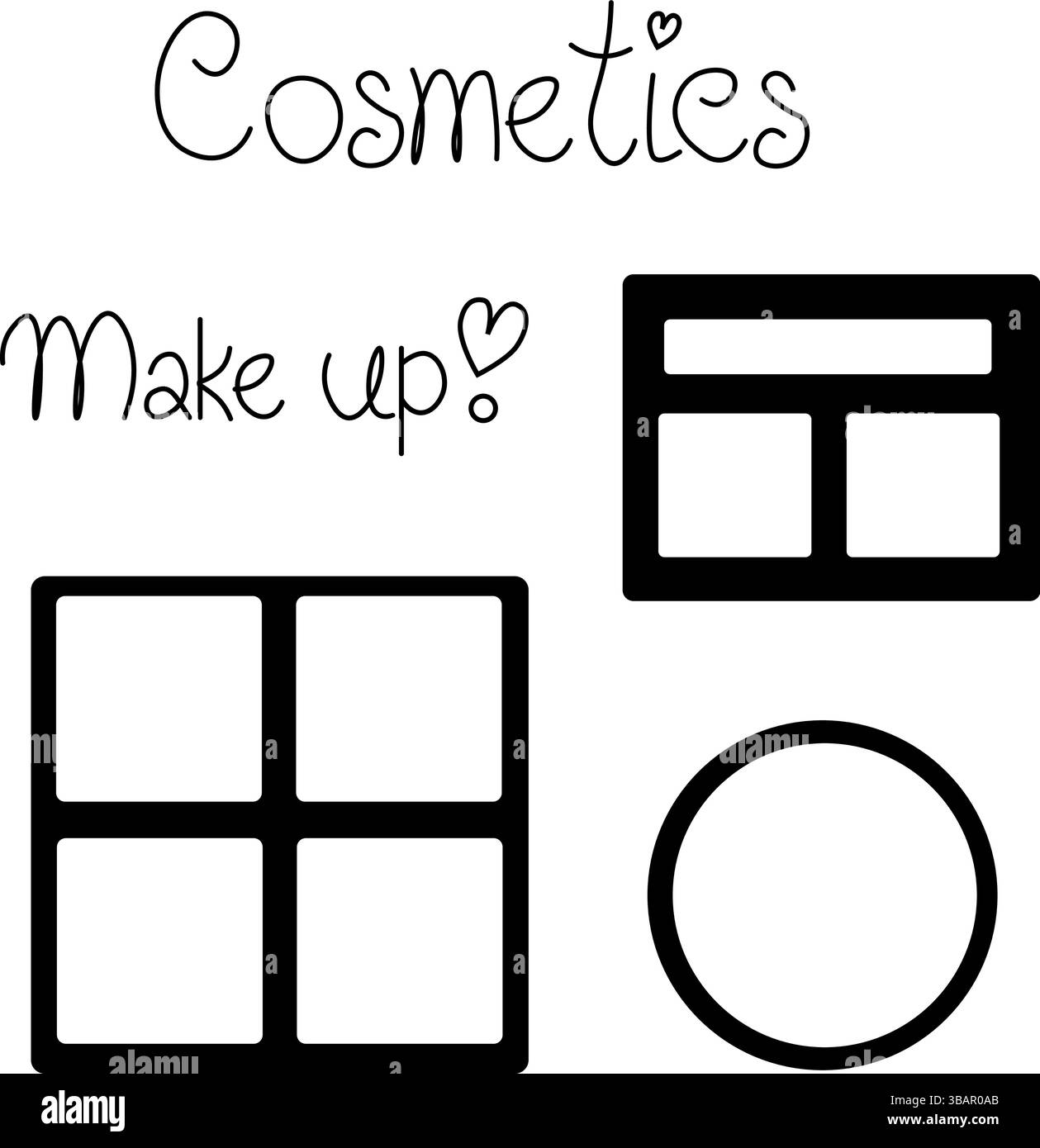 Lidschatten, Rouge, Puder isoliert. Vektorgrafik-Strichdarstellung. Schwarz-weiße Kawaii-Ikone. Für Poster, Flyer, Banner, Einladung, soziale Medien Stock Vektor