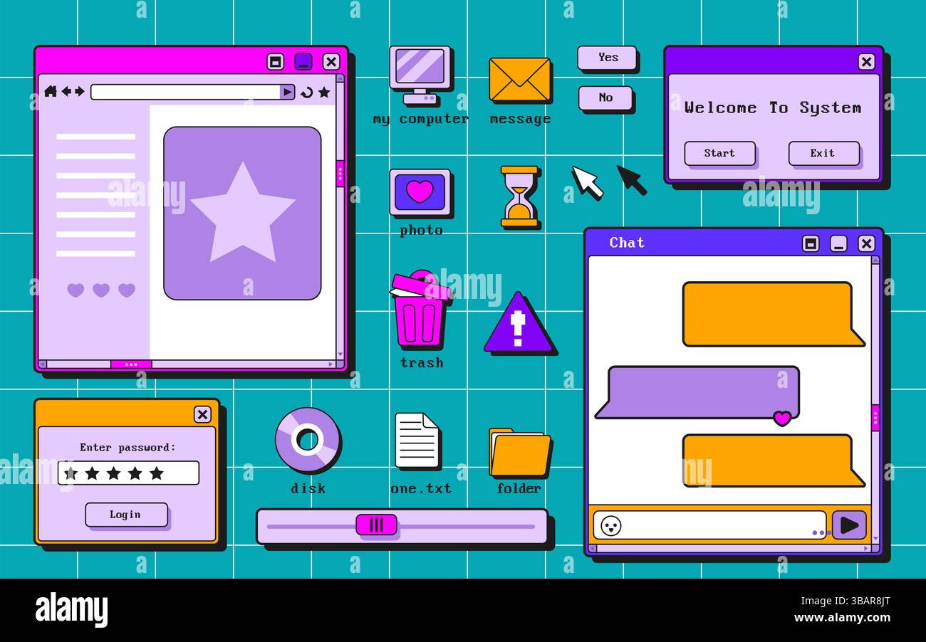 Retro-Fenster für die Benutzeroberfläche – Anmeldeformular, Begrüßungsbildschirm, Chatbox, Nachrichtendialogfelder und Ordnersymbole. Tasten in leuchtendem Pink, violett, f Stock Vektor