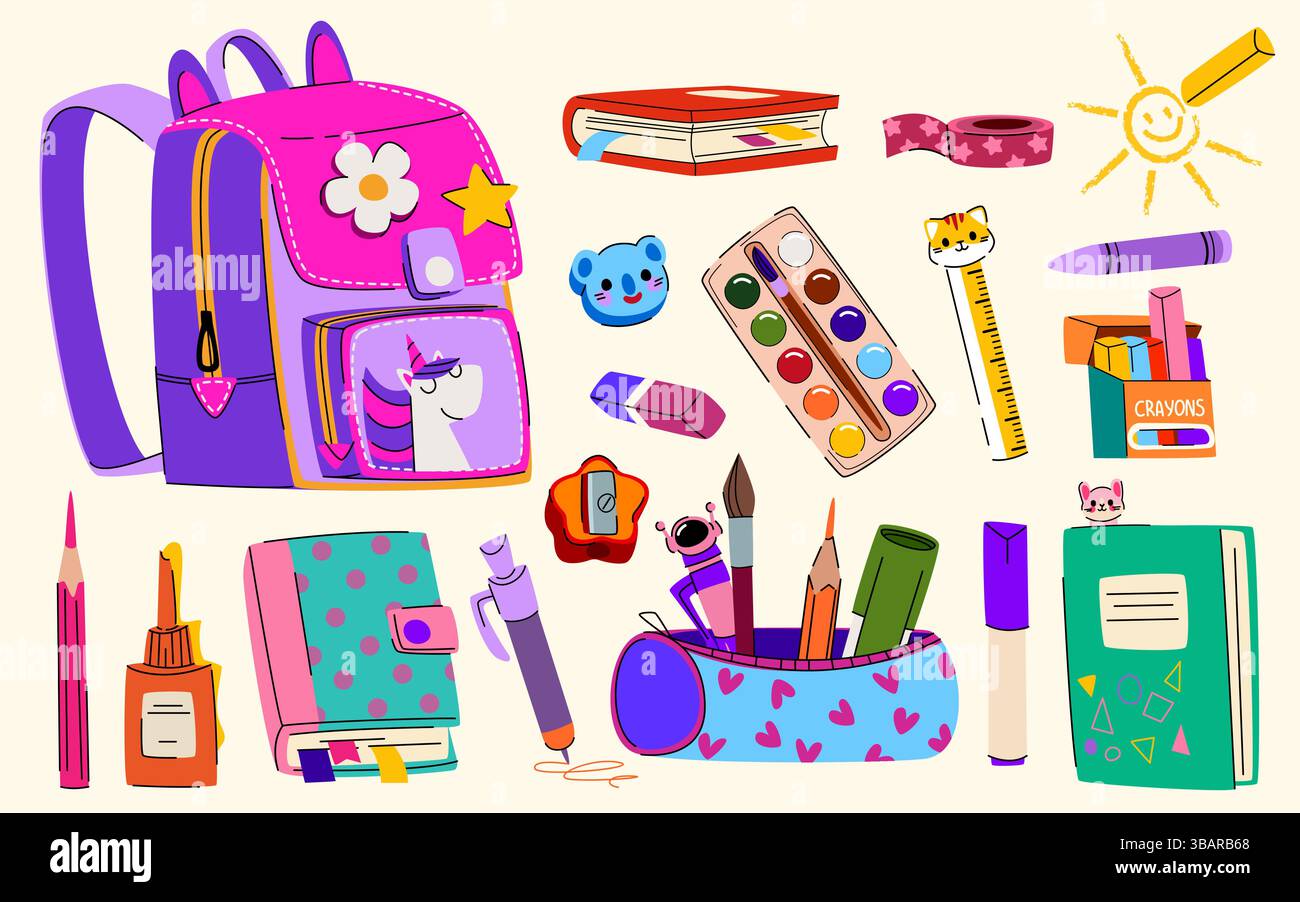 Schulpapieraufkleber Set - heller Rucksack mit Patches und Bleistiftetui, Buntstifte und Notizbücher, Farbpalette, Pinsel und Lineale, Notizblöcke und Stock Vektor