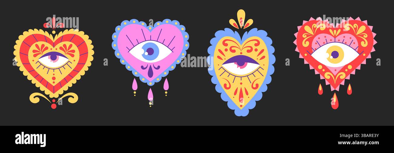 Mexikanische heilige Herzen mit offenem Auge - farbenfrohe gelbe, rosa und rote Liebessymbole, die mit verzierten Blumenmustern verziert sind. Mystischer Vektor Stock Vektor