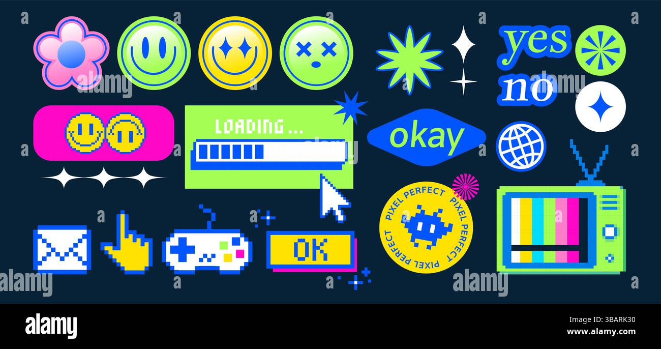 Y2K Ästhetisches Stickerset in leuchtenden Neonfarben und Pixelart-Stil mit positiven Phrasen, Lächeln und Herzen, Sternen und Formen, Mädchengesicht. Lustiges Retro Stock Vektor
