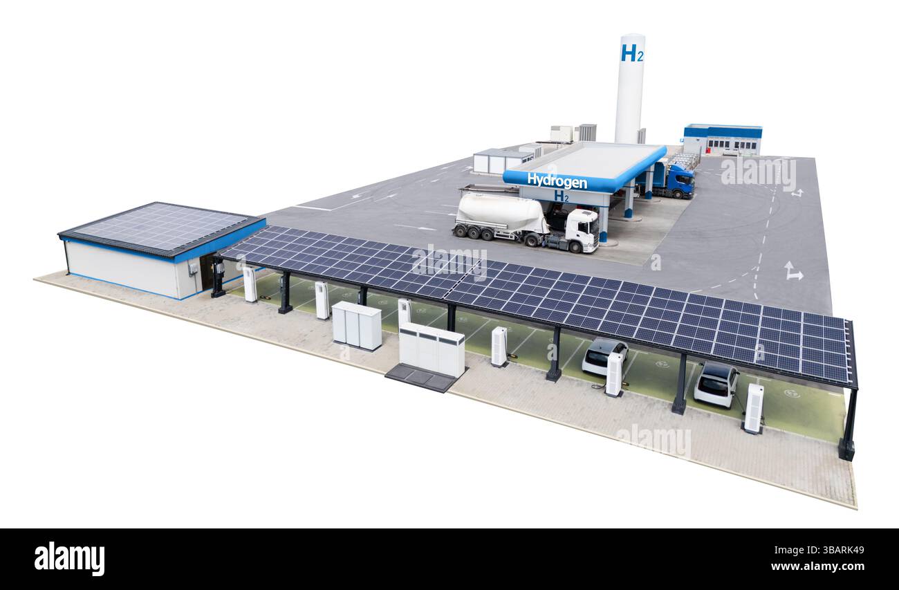 Isolierte Wasserstofftankstelle mit Betankungswagen und Solardach mit Ladestation für Elektrofahrzeuge. Stockfoto
