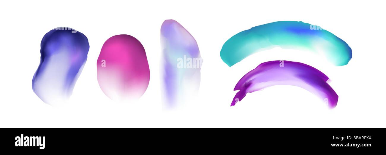 Bunte Aquarellpinselstriche – leuchtende Pinselspritzer in violetten, rosa und blauen Farbverläufen. Moderne Aquarellflecken, Flecken, sm Stock Vektor