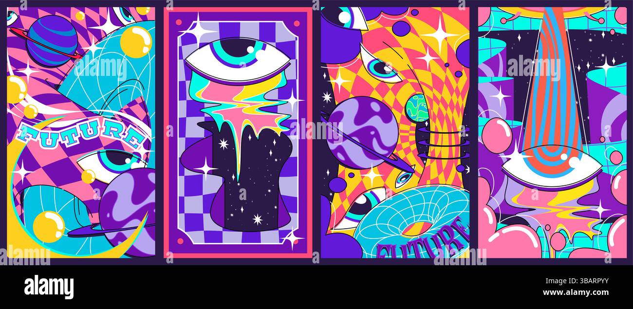 Psychedelische Retro-Poster mit abstrakten Formen. Vektor-Illustration der hellen Farbe futuristische Banner mit Auge, Planeten im Raum, geometrische wiref Stock Vektor