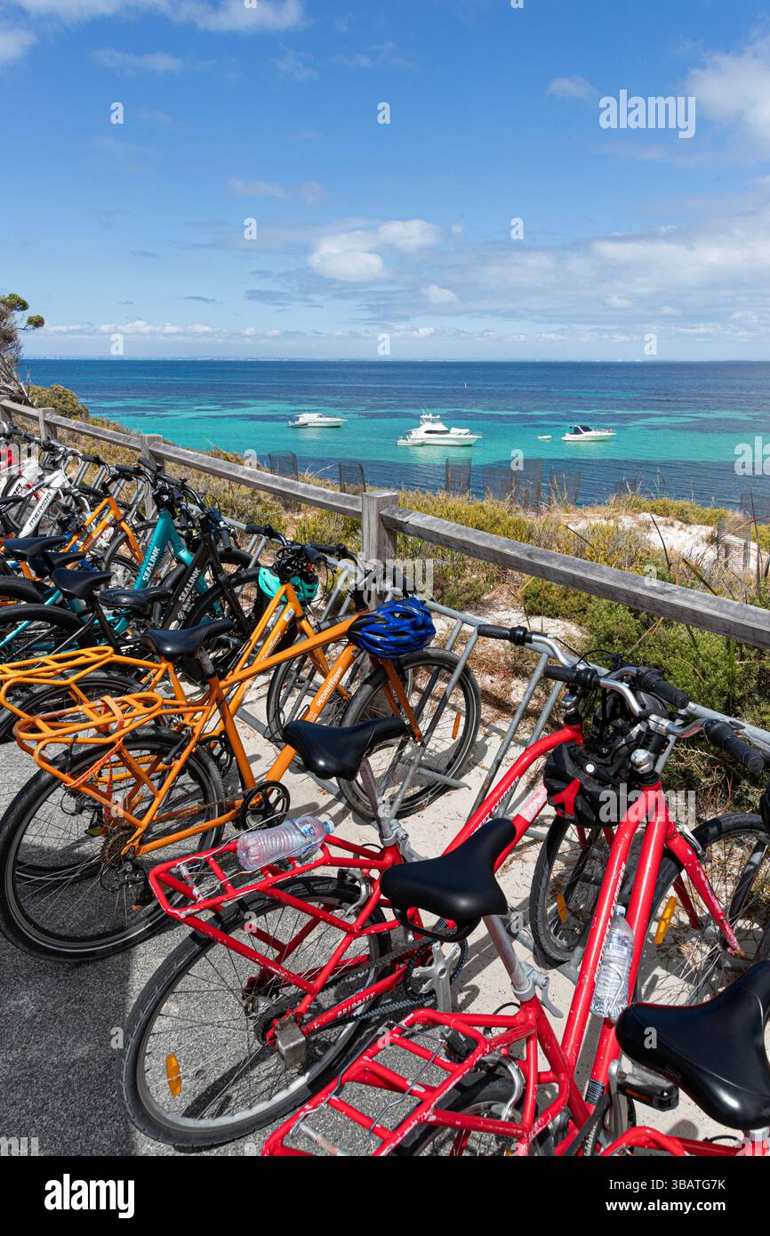 Mieten Sie Fahrräder mit Blick auf die Porpoise Bay auf Rottnest Island, (Wadjemup) Western Australia, WA, Australien. Stockfoto