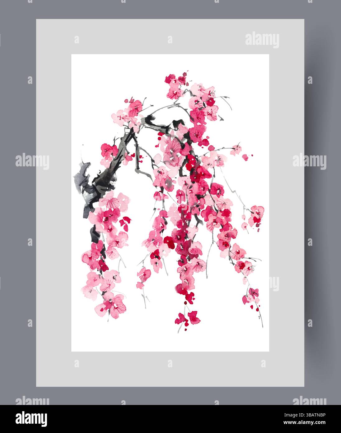 Zweig des blühenden Sakura-Baumes aus der japanischen Touristenregion auf Wandkunst. Aquarellgrafik Stock Vektor
