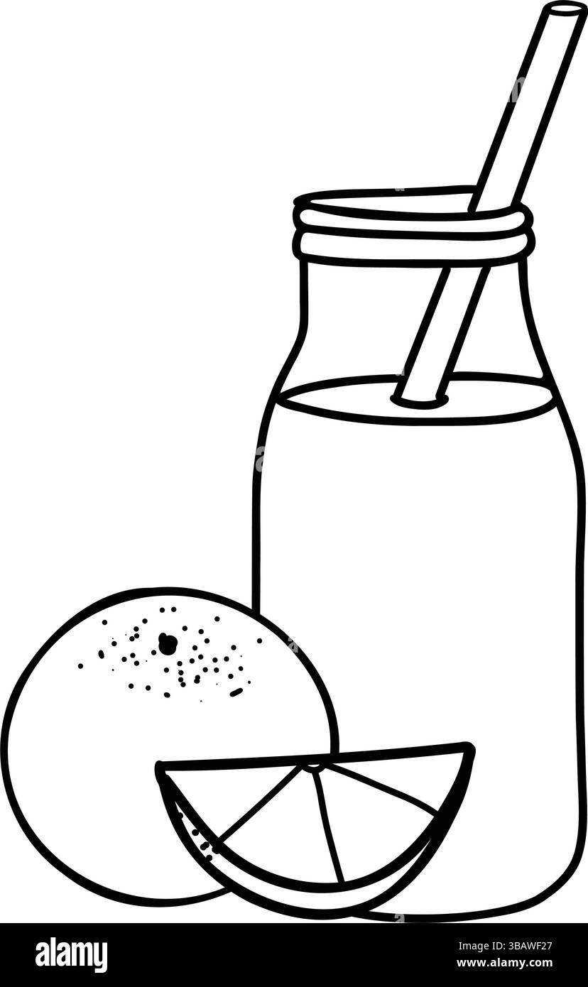 Orange Smoothie oder Detox Cocktail in der Flasche mit Strohhalm. Gesundes Getränk Vektor-Illustration mit ganzer Frucht und Scheibe in Doodle-Stil isoliert Stock Vektor