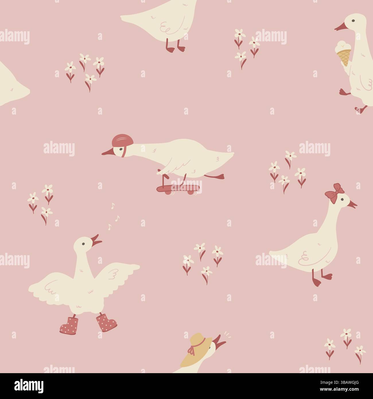 Silly Goose nahtlose Vektormuster verspielte Enten auf pastellblauem Hintergrund für Textilgewebe. Vektorabbildung Stock Vektor