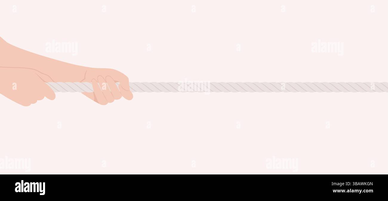 Zwei menschliche Hände ziehen ein dickes Seil auf beigefarbenem Hintergrund. Illustration des flachen Vektors Stock Vektor