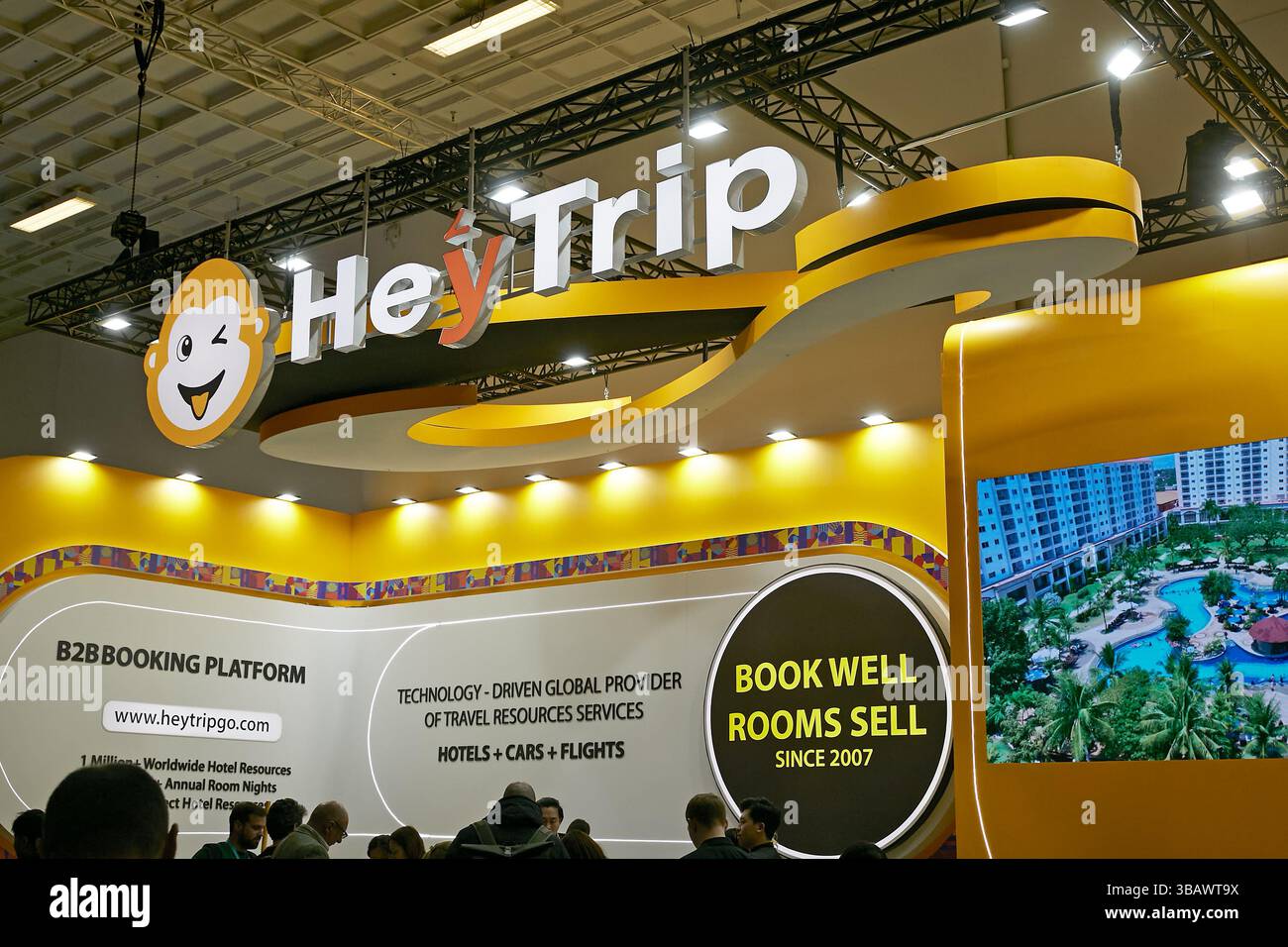 04.03.2025, Deutschland, Berlin, Berlin - der HeyTrip-Stand auf der ITB 2025, einem chinesischen Unternehmen, das Vertriebsdienstleistungen für Hotels, Autos und Flüge anbietet Stockfoto
