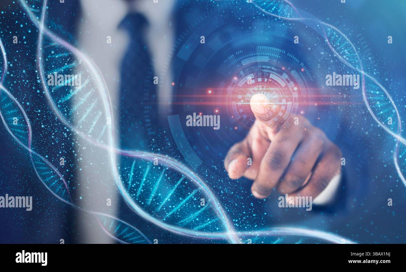 Forschung in der Humangenetik. Schwarzer Geschäftsmann berühren imaginären Bildschirm mit DNA-Spiralen, Collage Stockfoto