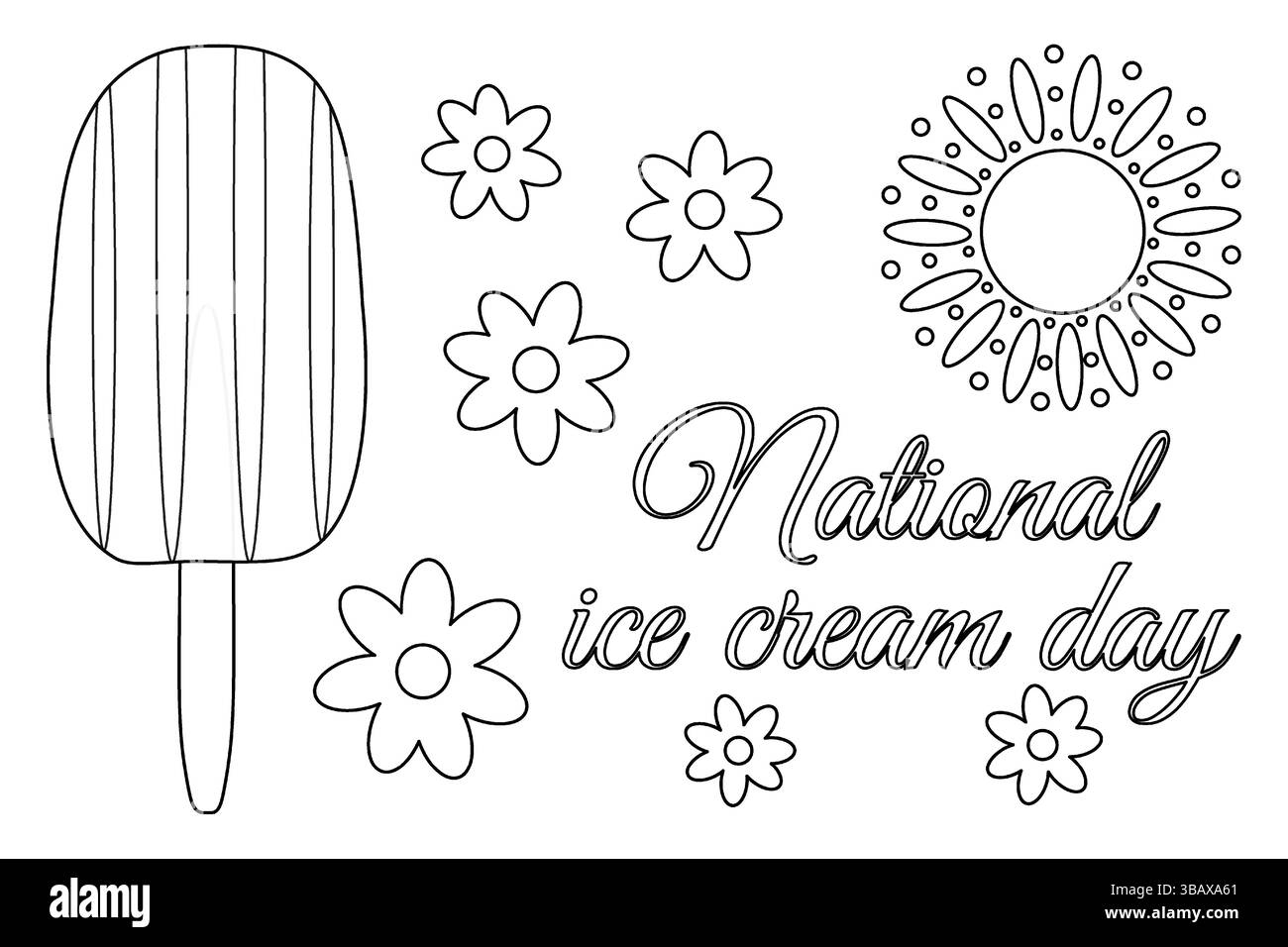 Ausmalseite mit Sommerumrisszeichnung mit Eiscreme auf Stock, Blumen und Sonne. National Ice Cream Day. Für die Unterhaltung der Kinder, Summ Stock Vektor