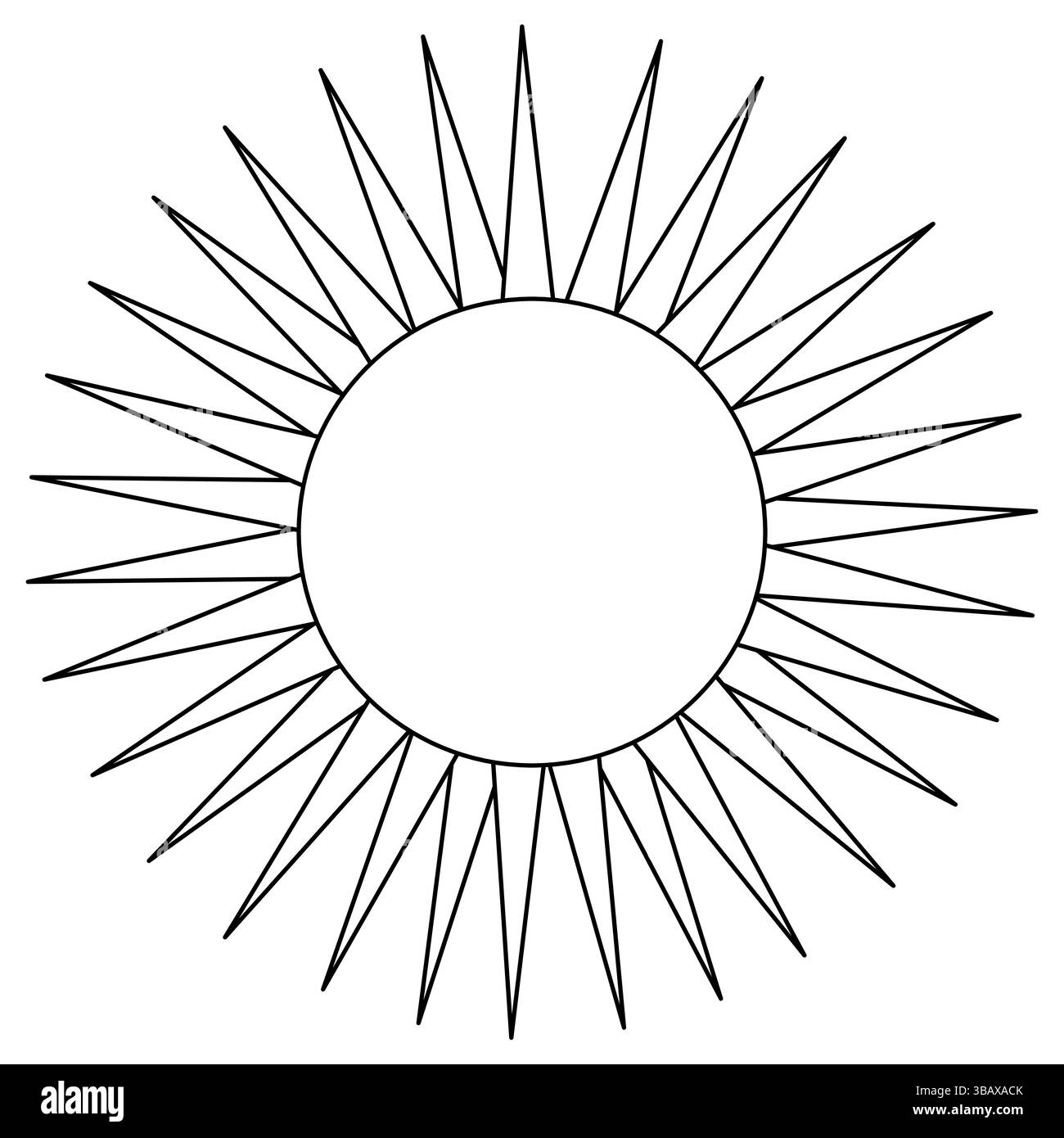 Ausmalseite mit Sommerumrisszeichnung der Sonne mit spitzen Strahlen in Form von gestreckten Dreiecken. Viele Strahlen. Für die Unterhaltung von Kindern, im Sommer, s Stock Vektor