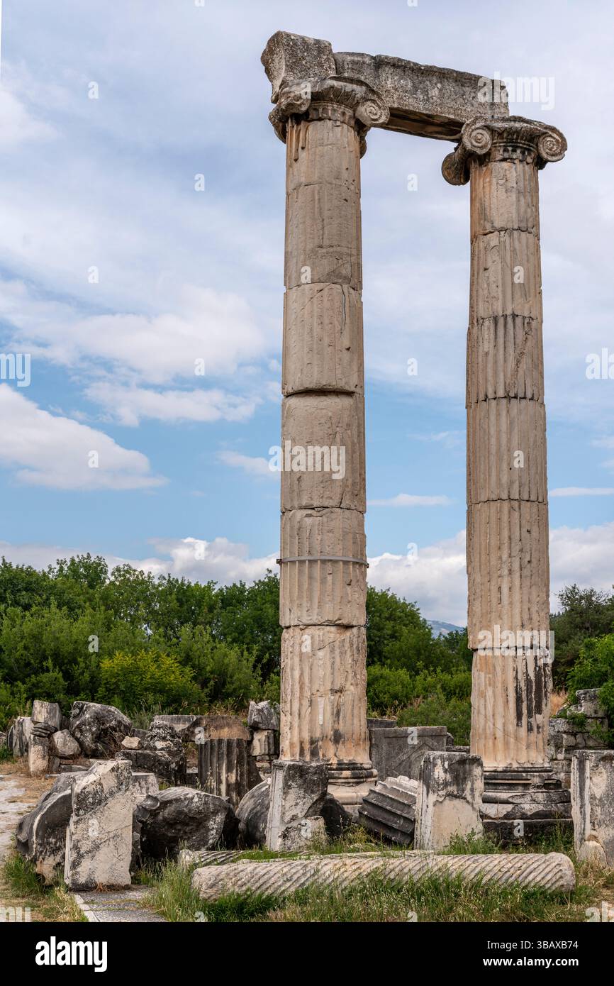 Teilweise erhaltene Säulen des Heiligtums von Aphrodite, die die religiöse Hingabe und architektonische Pracht von Aphrodisias repräsentieren. Stockfoto