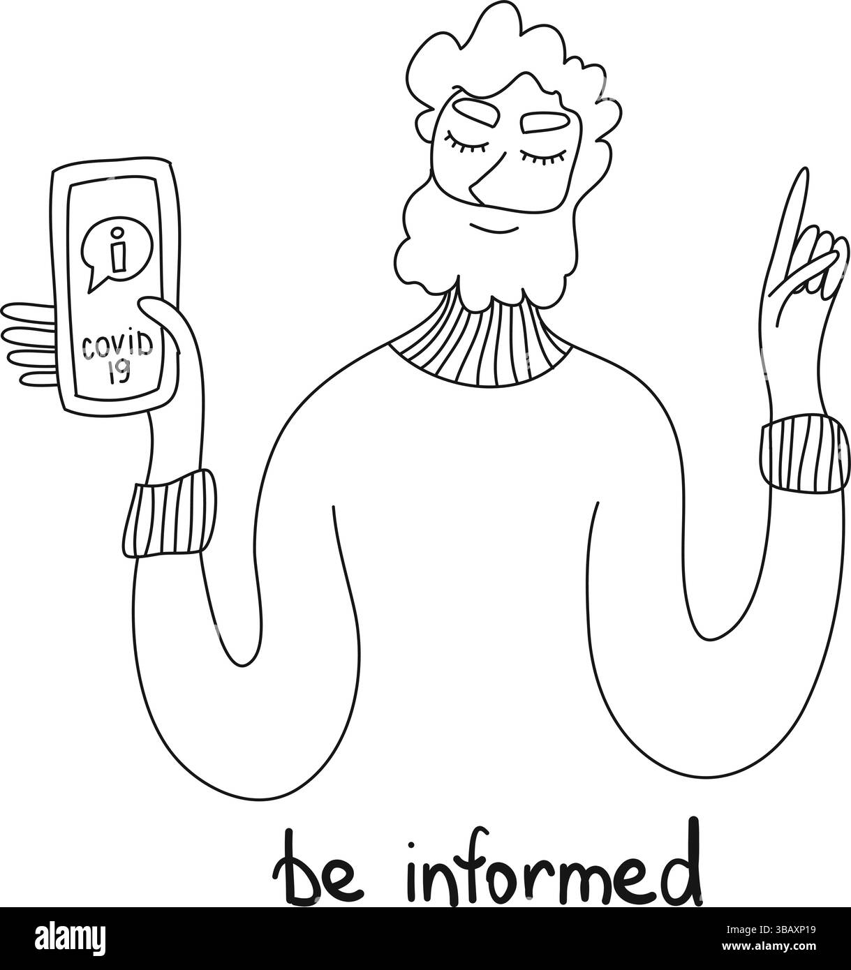 Seien Sie informiert. Das solltest du wissen. Ein Mann mit einem Smartphone in der Hand. Konzept der Information über Selbstschutzmassnahmen, Symptome und Stock Vektor