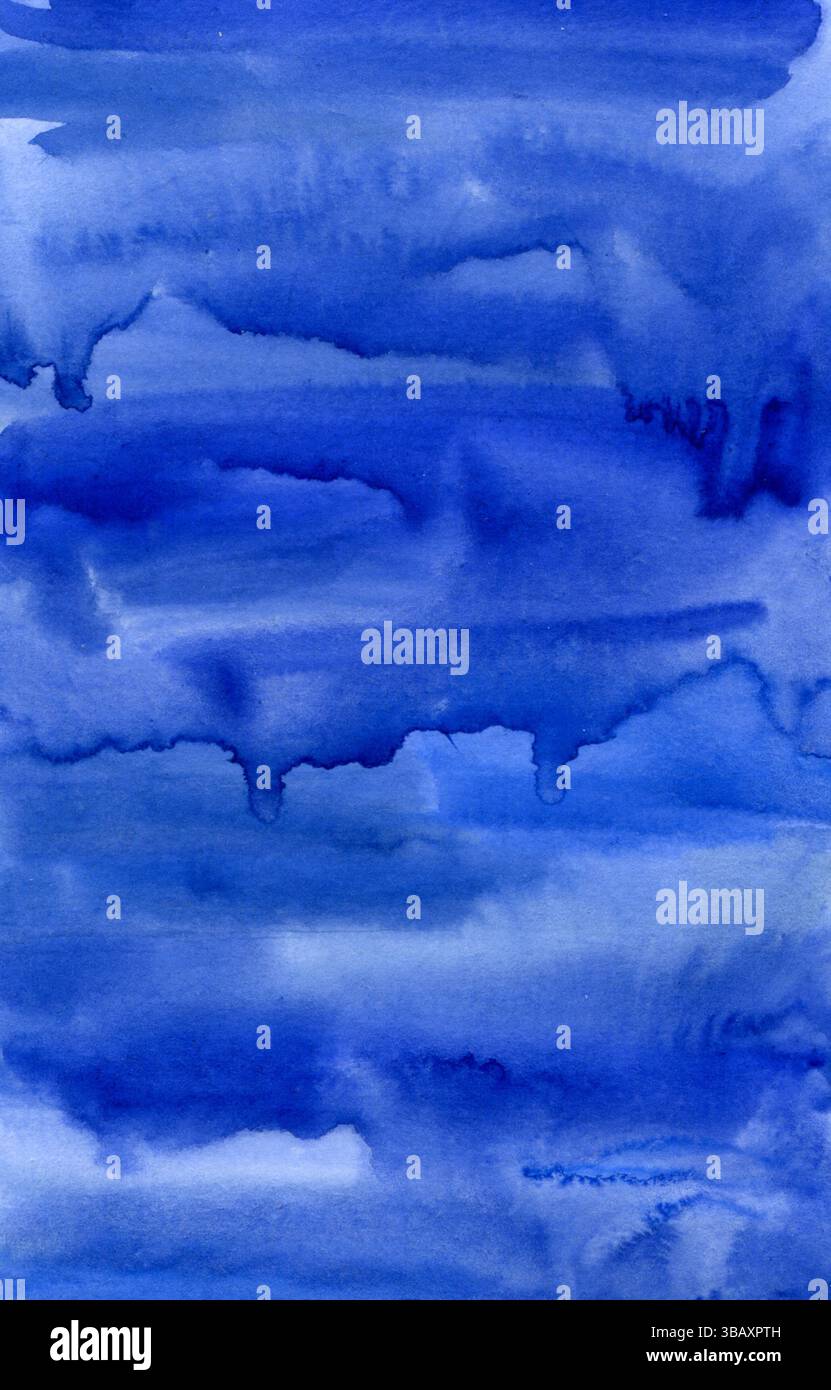 Abstrakter klassischer vertikaler blauer Aquarellhintergrund. Handgezeichnetes Muster. Pinselstrich. Für Ihr Grafikdesign, Banner oder Poster Stockfoto