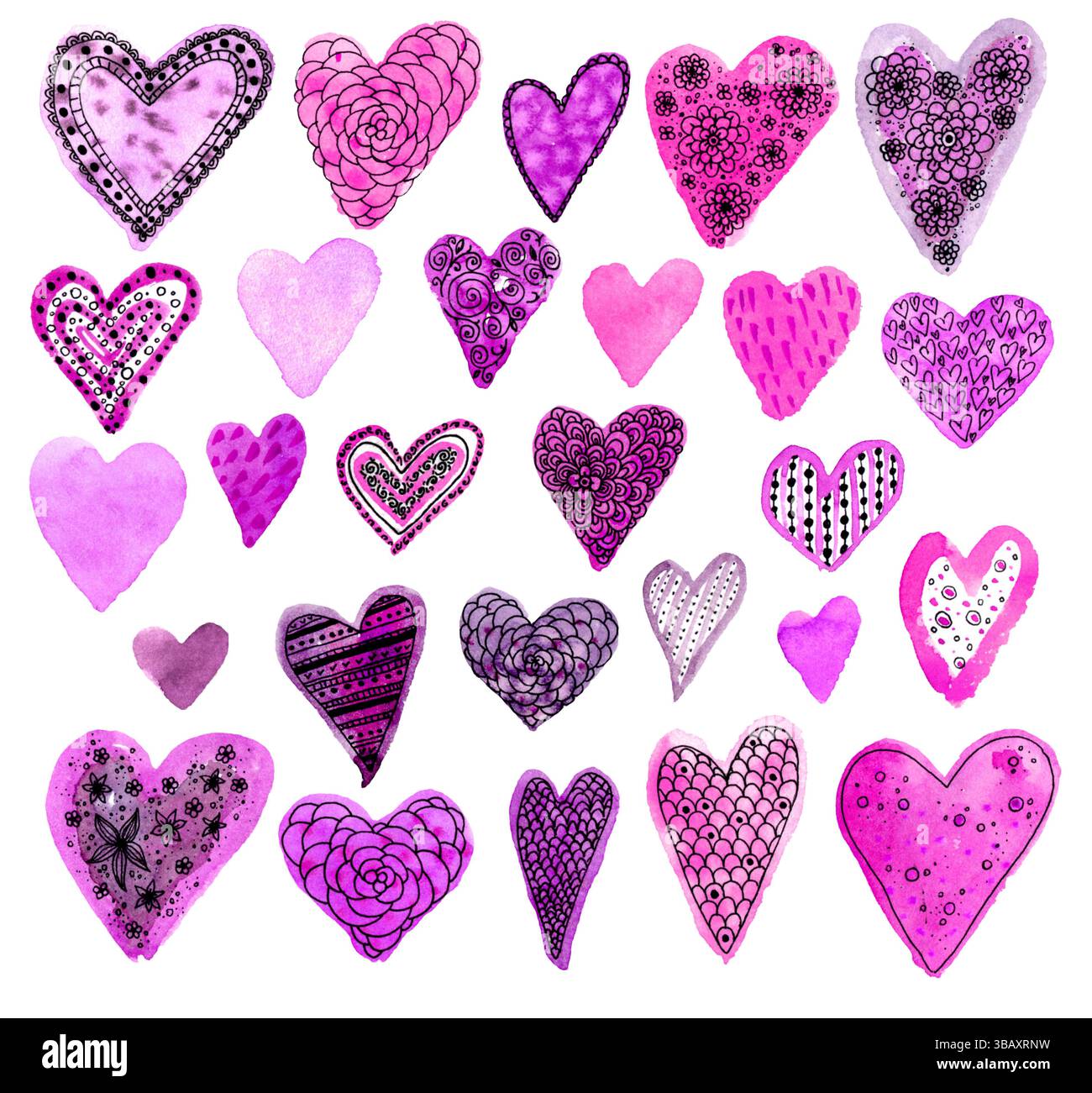 Set handgezeichneter Aquarellherzen mit Doodle-Mustern. Perfekt für romantische Postkarten und Valentinstag-Dekorationen. Klassisch Stockfoto