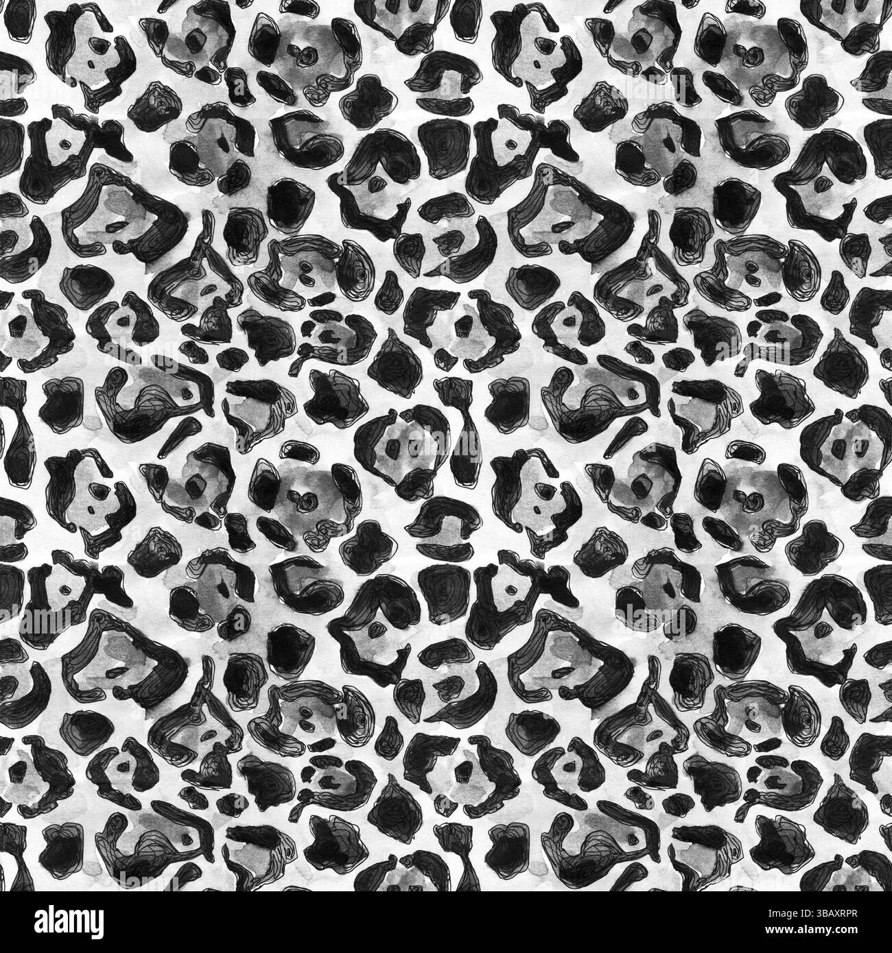 Nahtlose Handmalerei Aquarell monochrome Wildtierhaut realistisches Leopardenmuster. Modischer abstrakter Schwarzweiß-Print für Stockfoto