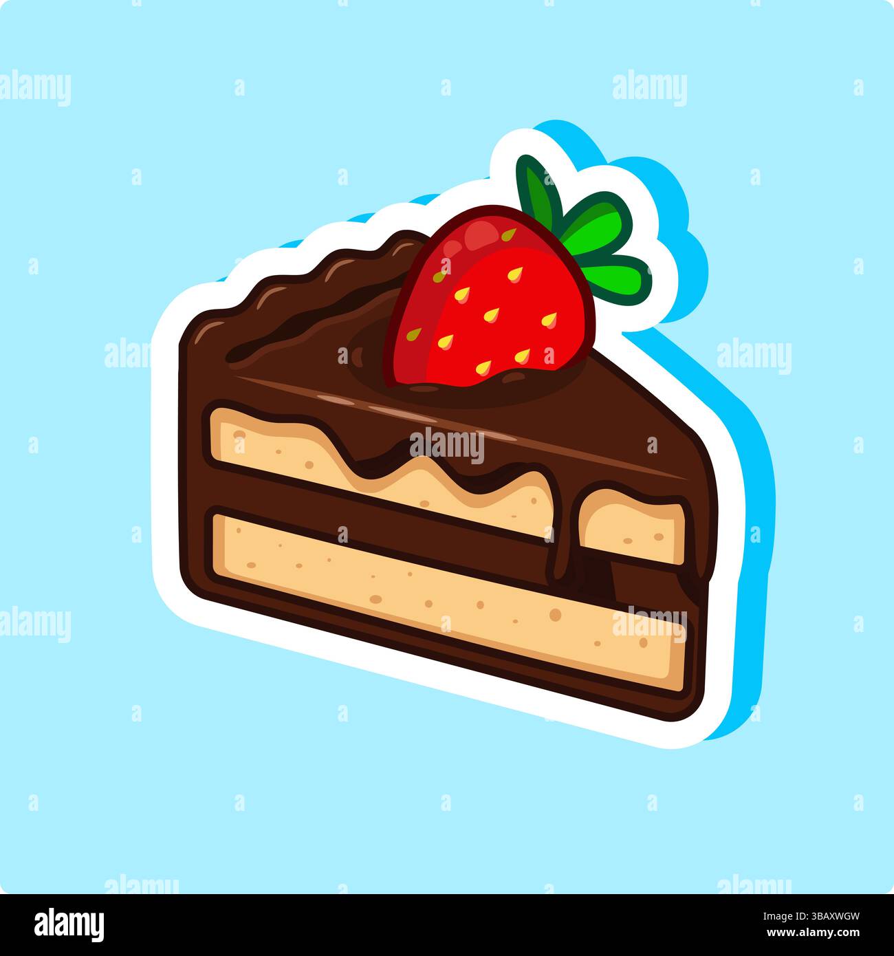 Aufkleber von Slice Schokoladenkuchen mit Erdbeere Vektor Illustration Cartoon Design Stock Vektor