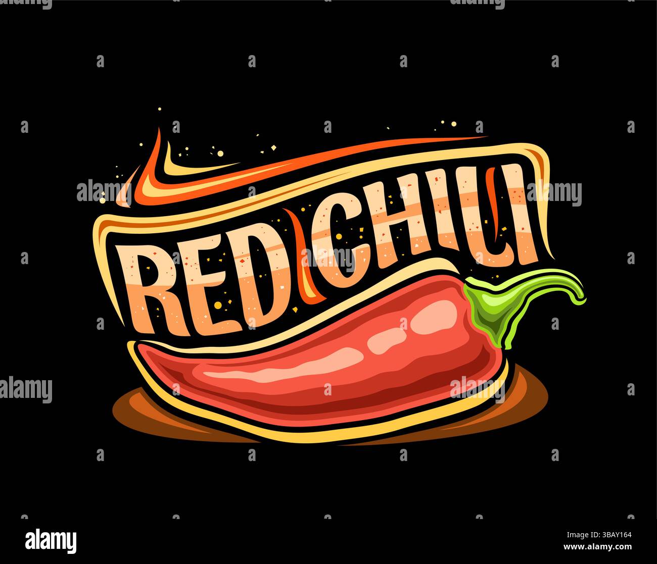 Vektor-Logo für Red Chili, horizontales Poster mit Zeichentrick-Design Chili Pfeffer, brennende dekorative Blüten und einzigartige Pinselbeschriftung für orange Textur Stock Vektor