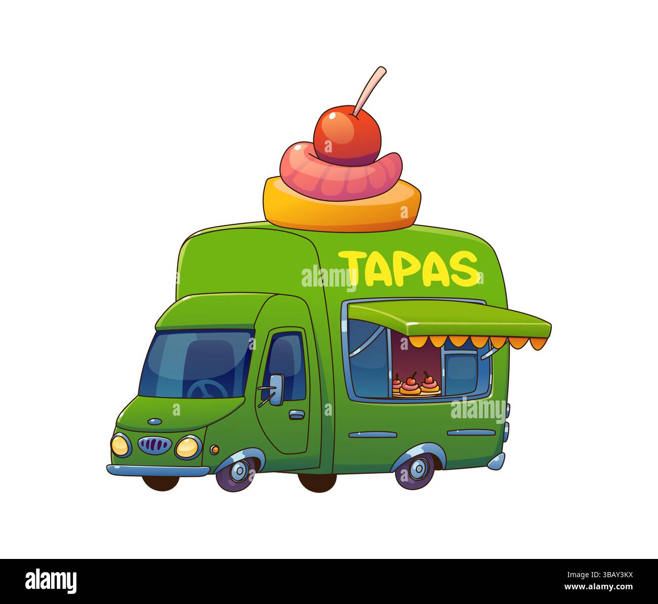 Cartoon Tapas Food Truck Auto, Festival Street Food Truck Van. Vektorgrünes Vintage Auto Cafe mit großen Spießen mit Wurst und Kirsche oben, hat ein offenes Servierfenster mit kleinen Vorspeisen Teller Stock Vektor