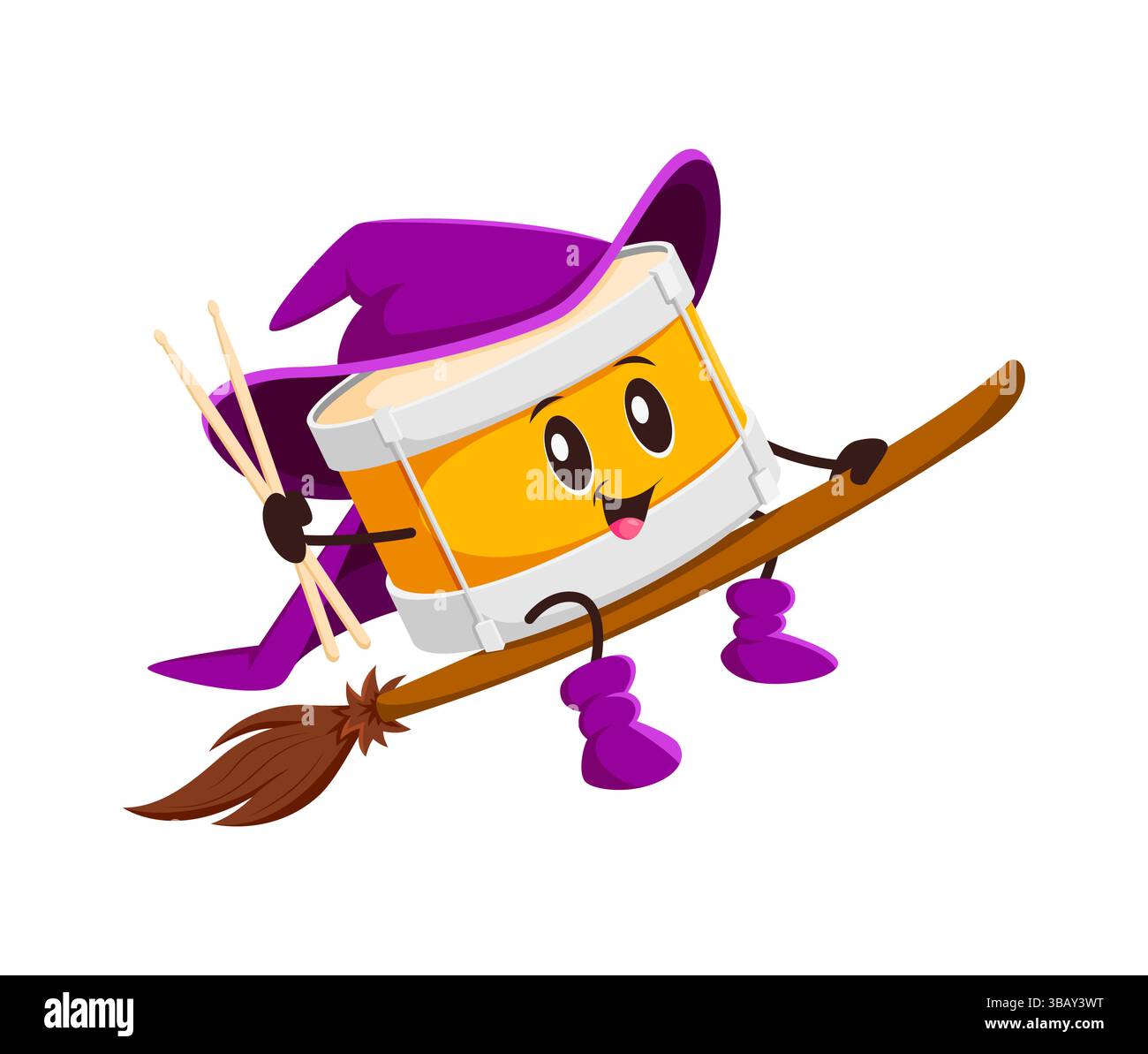 Cartoon Halloween Trommeln Musikinstrument Magier oder Zauberer Charakter. Musikfestival Percussion Instrument Zauberer glücklich Maskottchen. Trommelhexe oder Zauberer isolierte Vektor-lustige Persönlichkeit, die auf Besen fliegt Stock Vektor