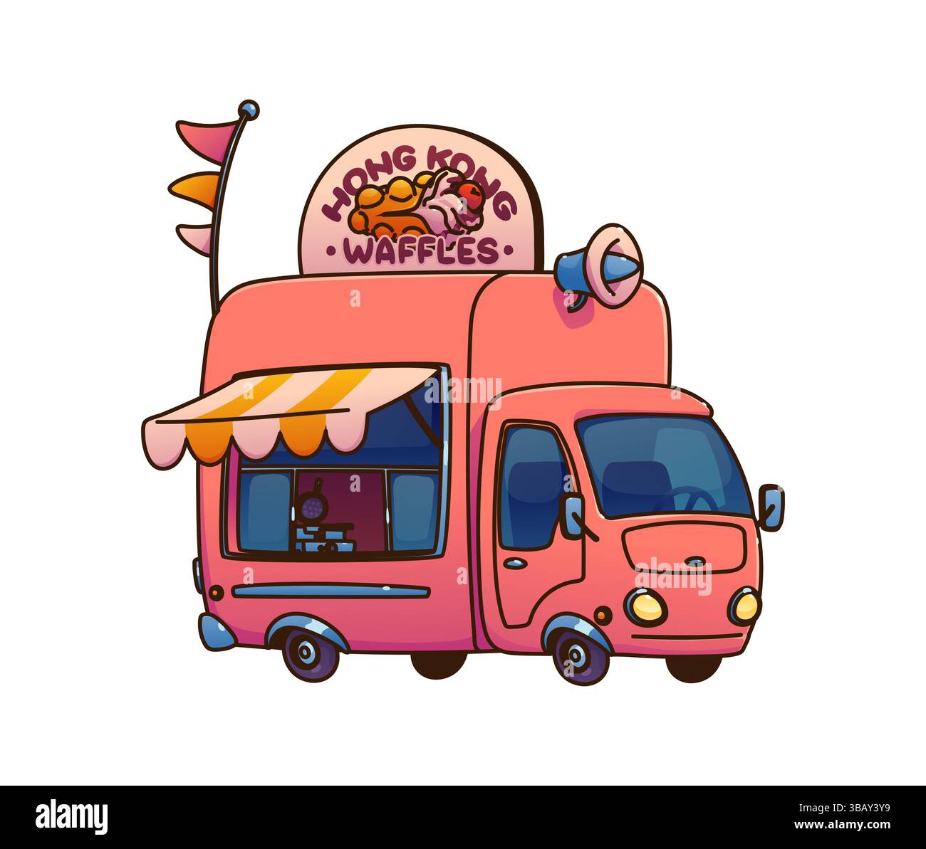 Hongkong Waffeln Food Truck Auto, Festival Street Food Truck Van. Cartoon Vektor Retro mobile Küche mit Baldachin, offenem Fenster, Dessert-Snack für den Verkauf im Freien auf Messe, Markt und Food Event Stock Vektor