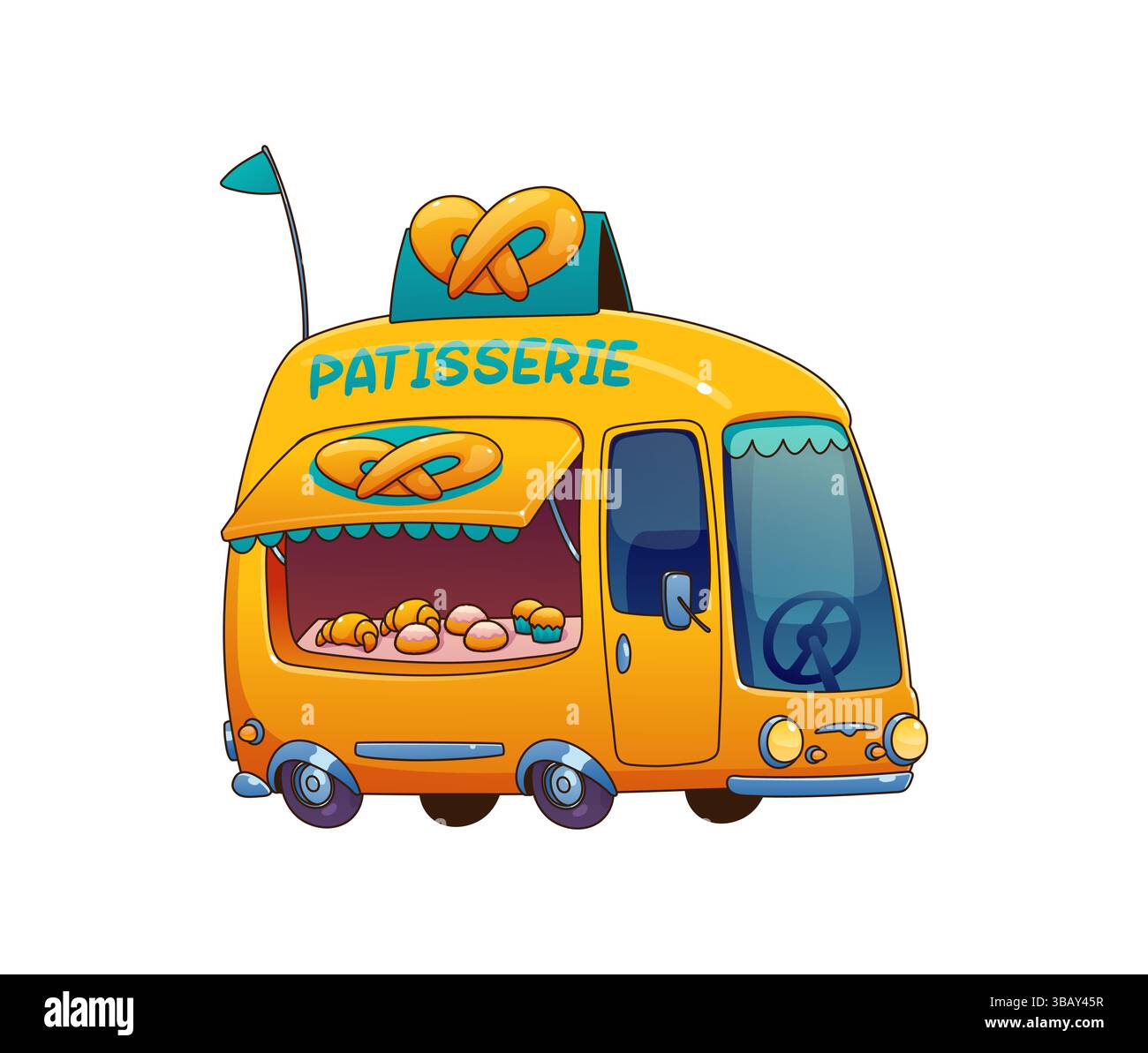 Cartoon Patisserie Food Truck Car, Festival Street Foodtruck Van mit frisch gebackenen Waren wie Croissants, Muffins und Brezeln. Vector Vintage Gelb Fahrzeug, einladend mobile Bäckerei Service Stock Vektor