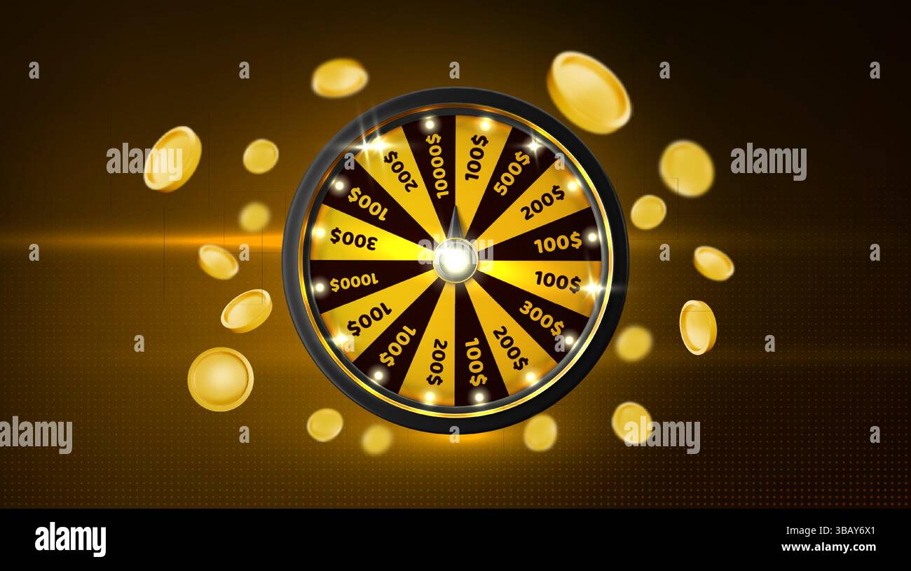 Drehendes Kasinorad und Geld auf schwarzem Hintergrund. Vektor realistische Illustration von Roulette und goldenen Münzen fliegen herum, Glücksspiel, Siegerpreis, Jackpot-Bonus, Spielclub Banner Design Stock Vektor