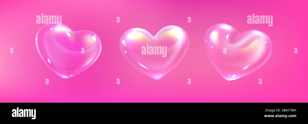 3D glänzende Seifenblasen Herzformen auf rosa - romantische Liebessymbole, niedliche Zeichentrickdesign-Elemente für Valentinstag-Grußkarte, Hochzeitseinladung oder Mädchengeburtstag. Leuchtende, sprudelnde Herzen Stock Vektor