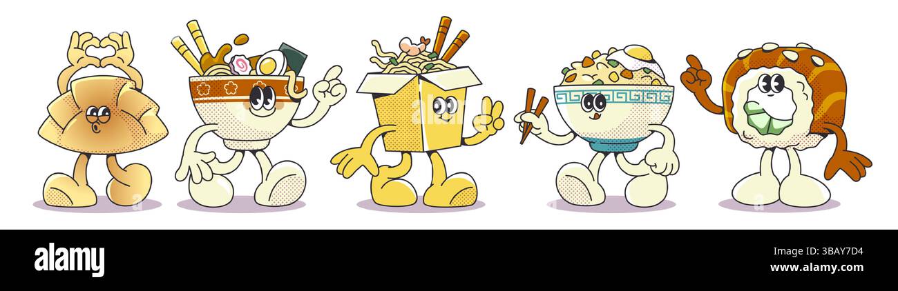 Sushi-Retro-Zeichentrickfiguren - skurrile lächelnde Brötchen und Reisschale, Nudelschale und Kartonbox mit Essstäbchen, lustige Backwaren-Maskottchen mit verschiedenen Gesten. Comic-Persönlichkeiten mit japanischer Küche. Stock Vektor