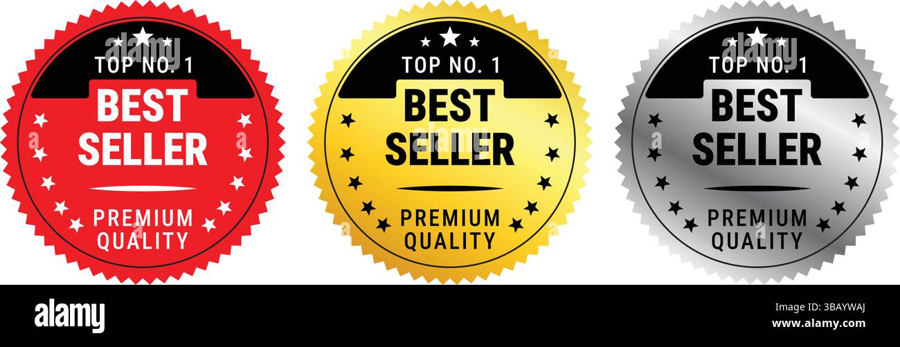 Satz mit drei Obernummern 1 Bestseller-Abzeichen in Rot, Gold und Silber mit hochwertigen Texten und Sternen Stock Vektor