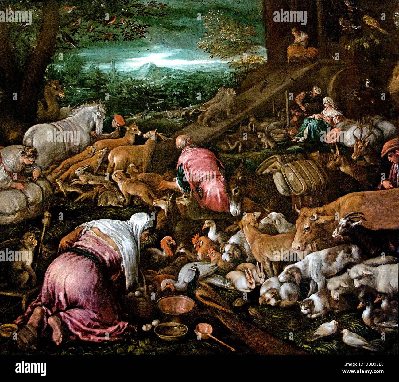 Die Tiere, die in die Arche Noah eindringen 1579 durch die Werkstatt von Jacopo dal PONTE - Jacopo BASSANO 1510 – 1592 Italien Italienisches Museum Louvre die biblische Geschichte der Arche Noah findet sich im Buch Genesis, insbesondere in den Kapiteln 6 bis 9. Gott, der die Bosheit der Menschheit sieht, beschließt, eine große Flut zu senden, um alles Leben auf der Erde zu zerstören. Aber Gott findet Gunst in Noah, einem rechtschaffenen Mann, und weist ihn an, eine große Arche zu bauen. Noah wird befohlen, seine Familie und Paare aller Lebewesen in die Arche zu bringen, um die Flut zu überleben. Nach 40 Tagen und Nächten des Regens bedecken die Überschwemmungen die Erde Stockfoto