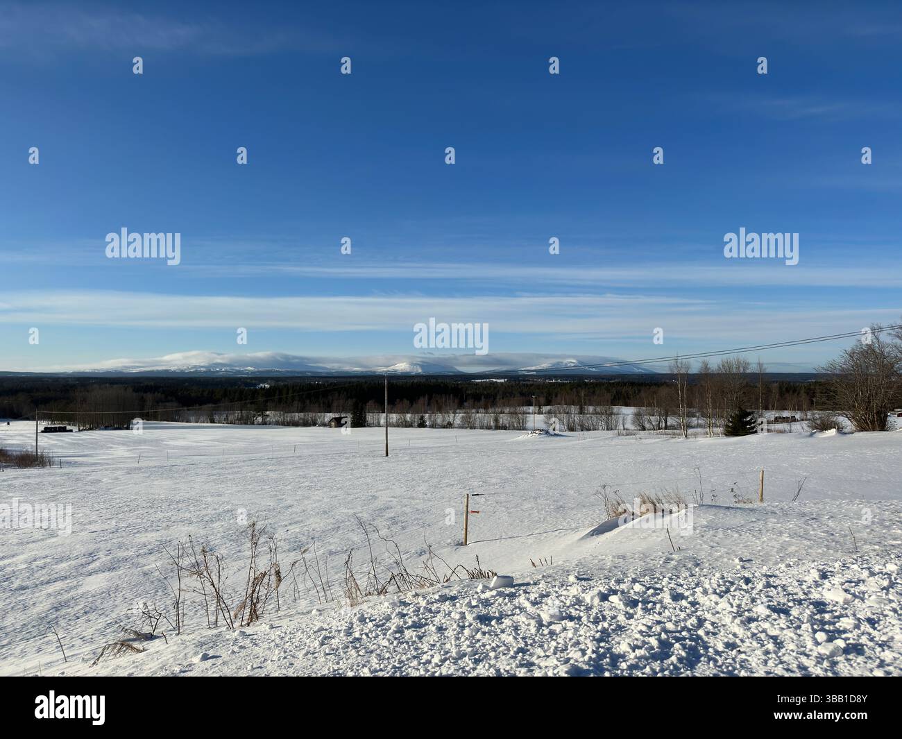 Eine wunderschöne Winterszene mit schneebedeckten Feldern, Bergen und einem klaren blauen Himmel. Stockfoto