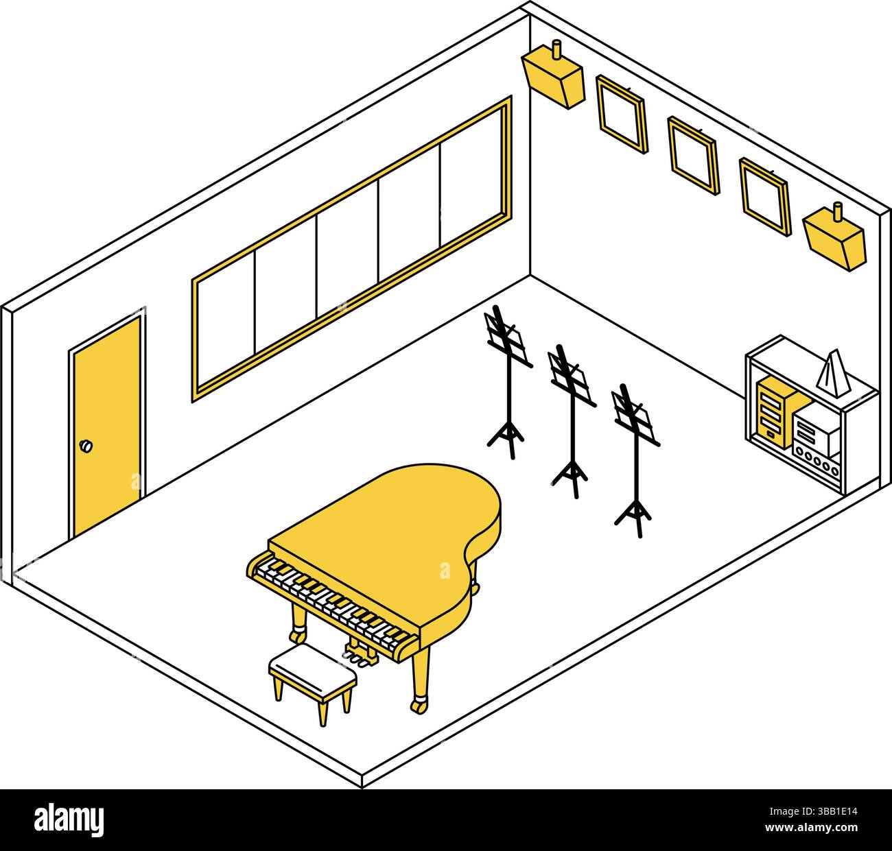 Einfache und niedliche isometrische Linienzeichnung Illustration eines Schulmusikraums mit einem Flügel und Notenständern, Vektor-Illustration Stock Vektor Einfache und niedliche isometrische Linienzeichnung Illustration eines Schulmusikraums mit einem Flügel und Notenständern, Vektor-Illustration Stock Vektor