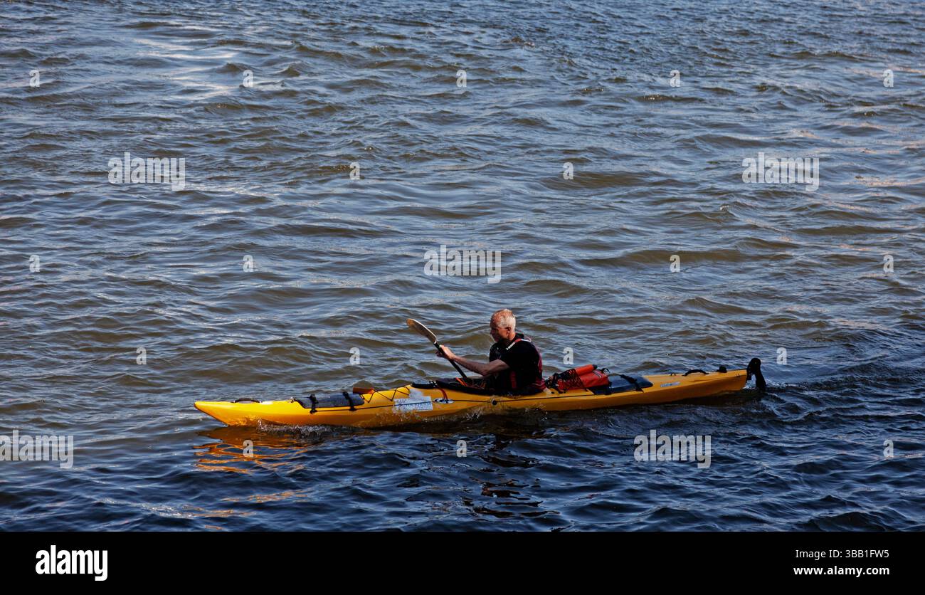 Eine ältere Person mit hellen Haaren paddelt mit einem hellgelben Seekajak über das abgehackte blaue Wasser, trägt dunkle Kleidung und greift eine Doppelklinge Stockfoto