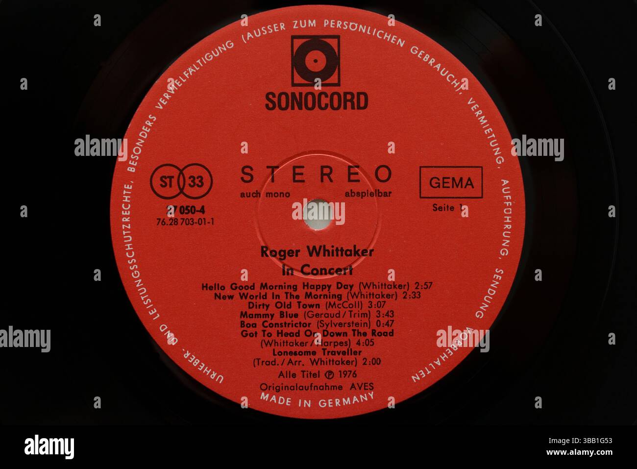 Vintage Plattenlabel, Roger Whittaker in Concert, Sonocord Records, Label des Deutschen Schallplattenclubs Stockfoto