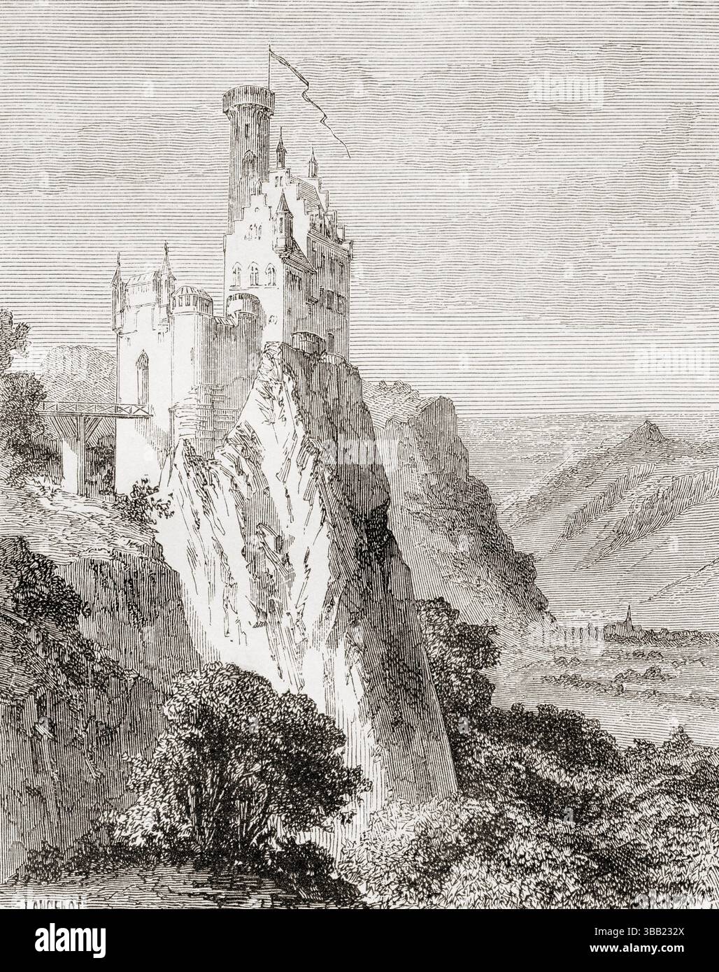 Schloss Lichtenstein mit Blick auf das Echaz-Tal bei Honau, Reutlingen, Bundesland Baden-Württemberg. Von Paris nach Bukarest: Geographical Talks, von M. V. Duruy, 1860. In Le Tour du Monde, veröffentlicht 1862. Stockfoto
