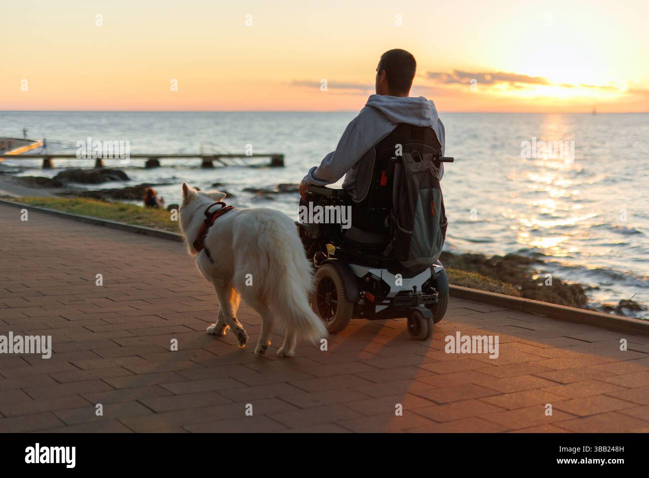 Mann mit Behinderung macht einen gemütlichen Spaziergang entlang der Küste bei Sonnenuntergang, begleitet von einem treuen weißen Hund. Die ruhigen Wellen und warmen Farbtöne schaffen einen Stockfoto