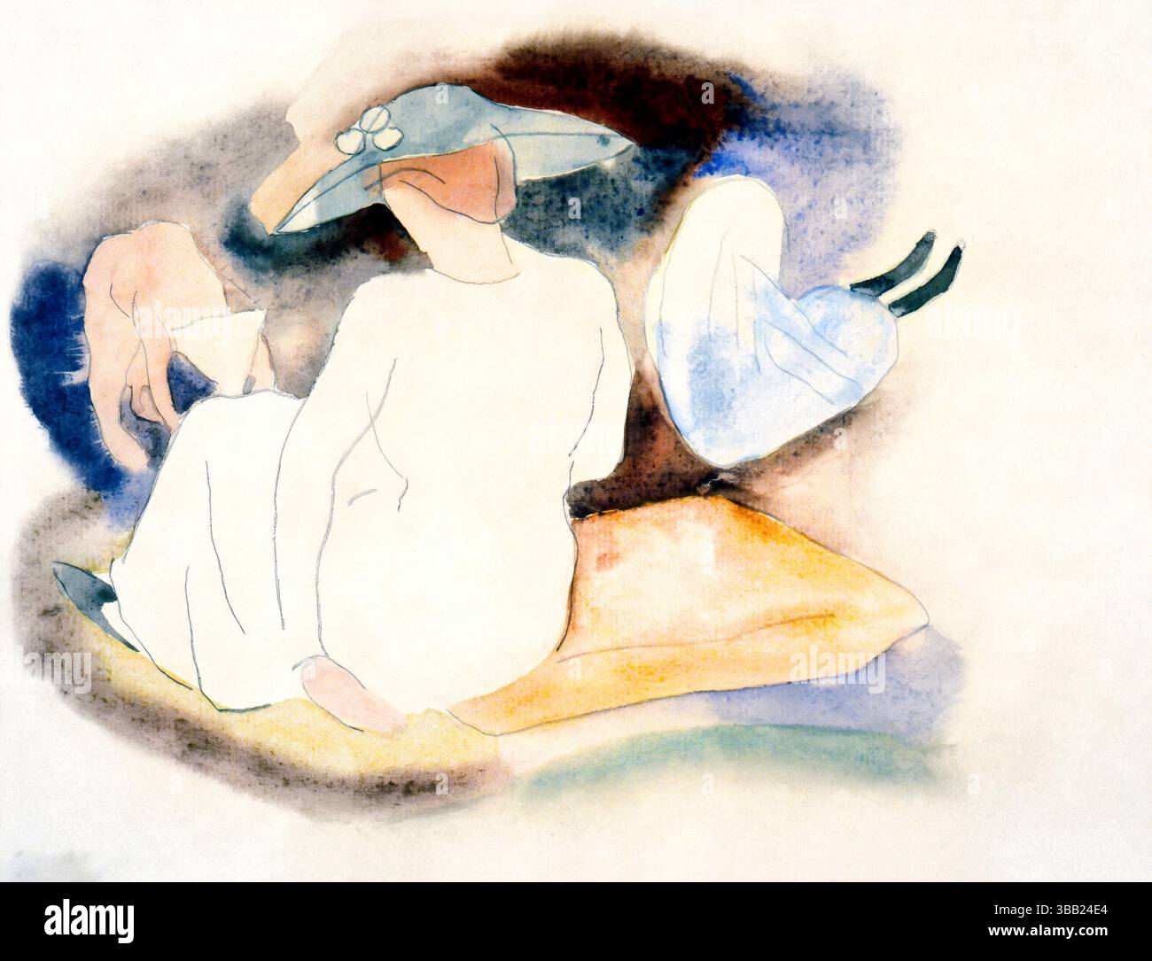 Hochauflösender Scan von Charles Demuth's Frau mit Hut und 2 Figuren, gemeinfreies Aquarell aus den 1920er Jahren, modernistische Familienszene mit dynamischen Figuren und Stockfoto