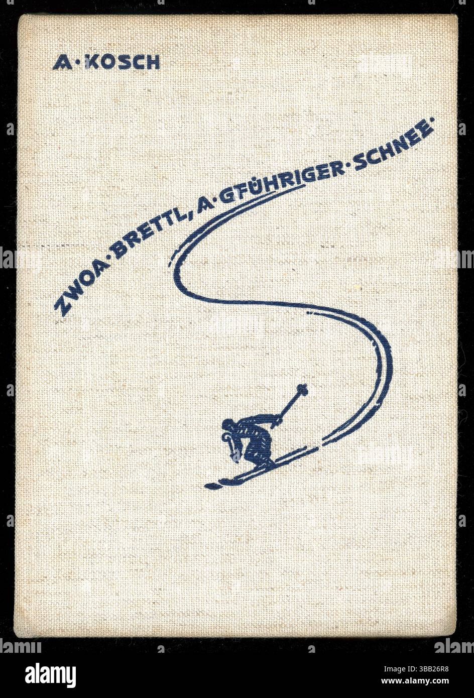 Vintage 1930er Jahre vor dem 2. Weltkrieg: Deutsches Hardcover-Cover eines Skimethodenbuches „Zwoa Brettl, A Gfuhriger Schnee - das große Ski-Einmaleins“ von A. Kosch, gedruckt in Deutschland von Gebr. (Gebrüder) Richters Verlag, in Erfurt, Thüringen, Deutschland 1937 Stockfoto