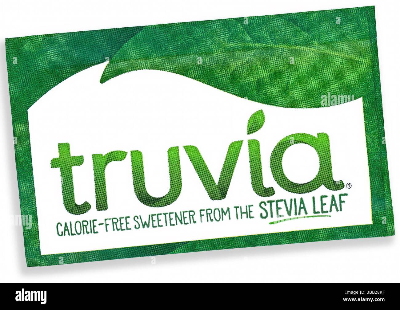 Truvia Sugar Substitut für eine Portion. Vermarktet als kalorienfreies Süßungsmittel und als pflanzliches Süßungsmittel. Vom Steviablatt abgeleitet. Stockfoto
